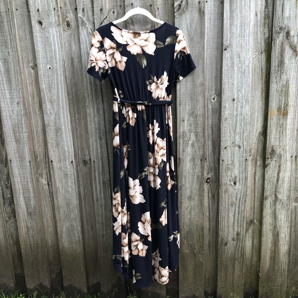 Navy Blue Floral Hi-Low Wrap Dress - Picture 3 of 8